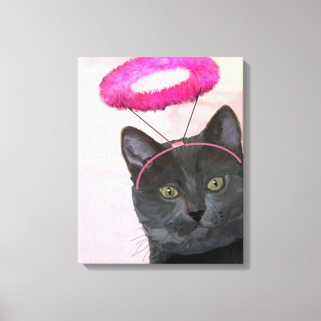 Toile Chat Noir Avec Halo Angel Rose (Recto)