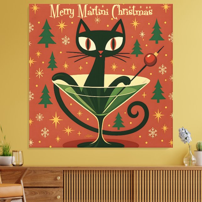 Toile Chat noir de Noël Martini gai du milieu du siècle (Insitu(Salon))
