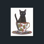 Toile Chat noir en Teacup<br><div class="desc">Chat noir en Teacup par FabFunky. Dispose d'un chat assis dans une belle tasse à thé fleurie. | 191544D</div>