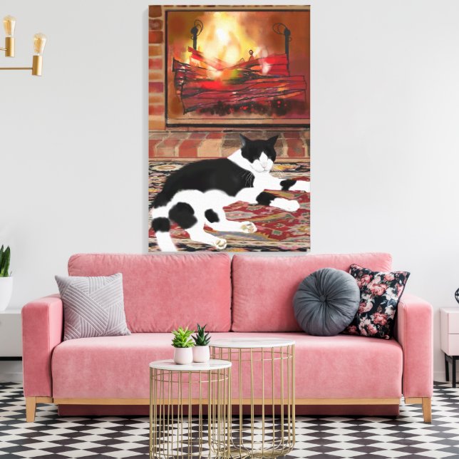 Toile Chat noir et blanc couché devant la cheminée  (Insitu(Salon))