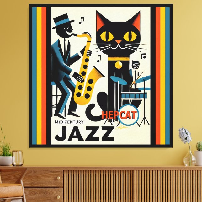 Toile Chat Noir HepCat d'Ère du Jazz Milieu du Siècle (Insitu(Salon))