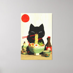 Toile Chat noir heureux mangeant du Ramen Ukiyo-e japo