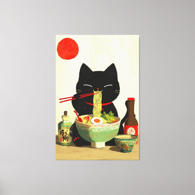 Toile Chat noir heureux mangeant du Ramen | Ukiyo-e japo (Recto)