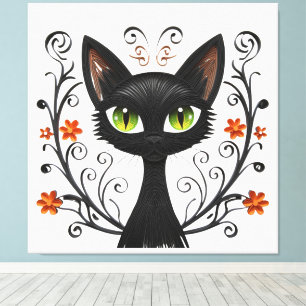 Toile Chat noir minimaliste aux yeux verts motif filigra