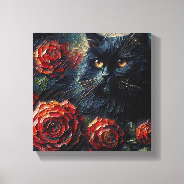 Toile Chat noir parmi les roses rouges Goth (Recto)