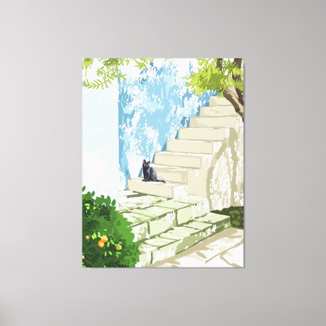 Toile Chat noir sur les marches Poster, Grèce Santorin (Recto)