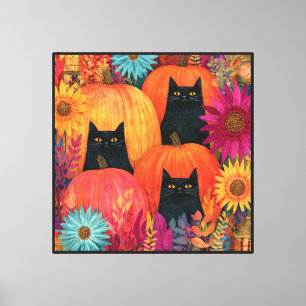 Toile Chat noir vigilant Patch de citrouille d'automne