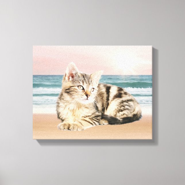 Toile Chat rayé assis sur la plage au coucher du soleil, (Recto)