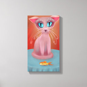 Toile Chat rose et son poisson rouge sur une table bleue