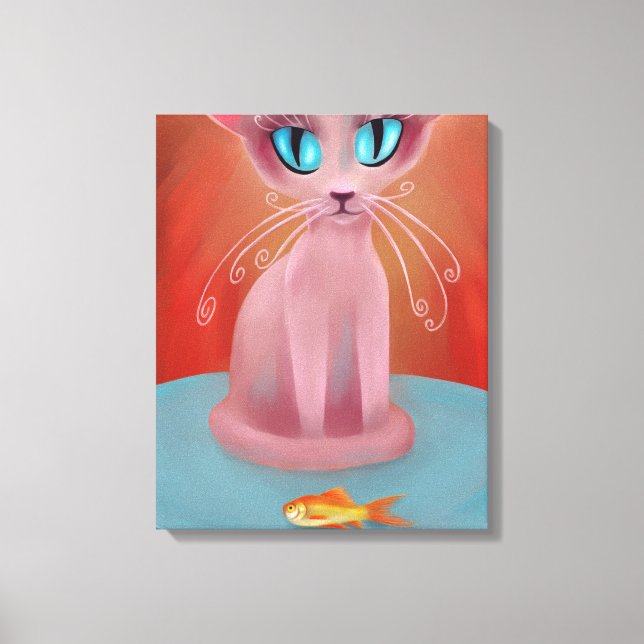 Toile Chat rose et son poisson rouge sur une table bleue (Recto)