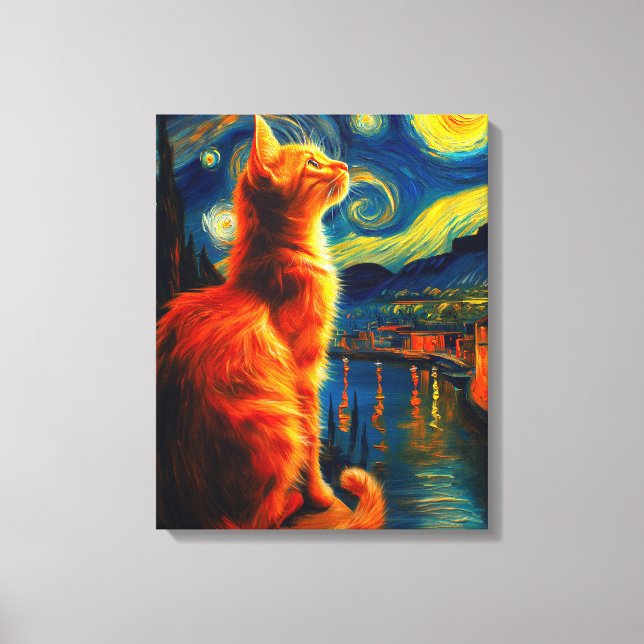 Toile Chat roux contemplatif | Ciel nocturne étoilé (Recto)