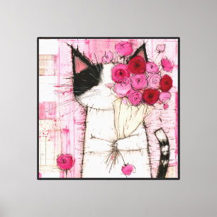 Toile Chat Smoking Tenant un Bouquet de Roses Roses