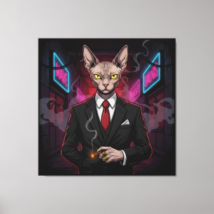 Toile Chat Sphynx Mafia dans un style néon noir