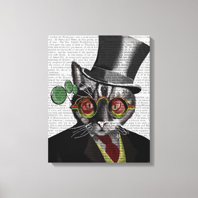 Toile Chat Steampunk - Chapeau supérieur et verres jaune (Recto)