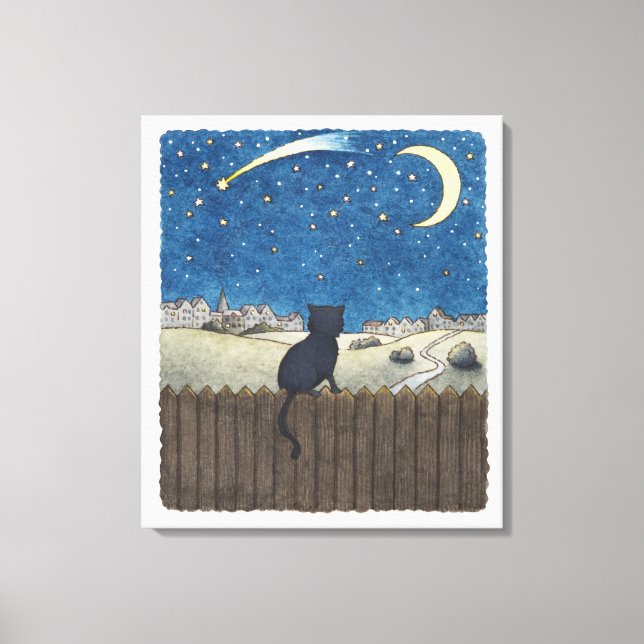 Toile Chat sur une clôture regardant le ciel nocturne au (Recto)