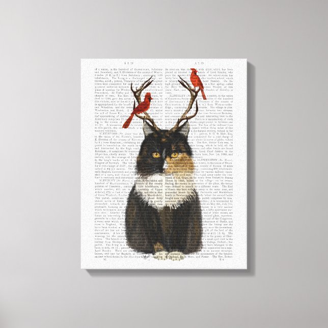 Toile Chat Tortoiseshell avec Antlers et Red Birds (Recto)