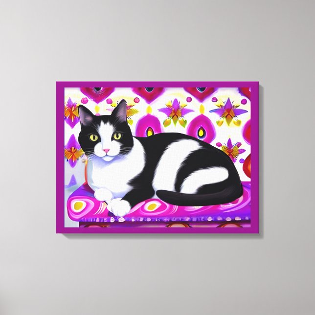 Toile Chat Tuxedo noir et blanc sur un coussin (Recto)