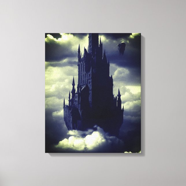 Toile Château gothique foncé flottant sur les nuages (Recto)