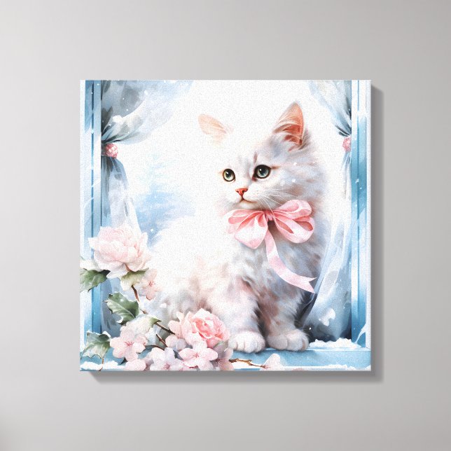 Toile Chaton Blanc Avec Bow Rose Dans Une Fenêtre (Recto)