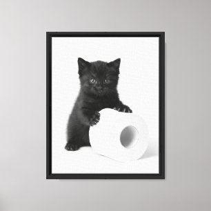 Toile Chaton noir monochrome gardant du papier toilette