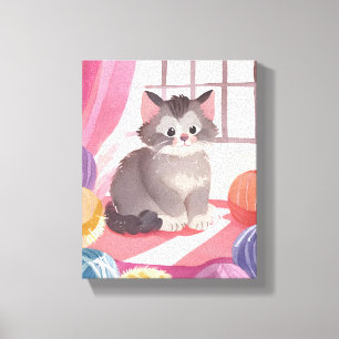 Toile Chaton Pelote de Laine Peinture Aquarelle de Cha