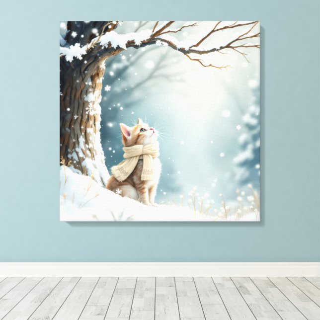 Toile Chaton regardant les flocons de neige (Insitu (Plancher de Bois))