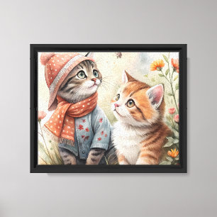 Toile Chatons aquarelle fantaisistes dans un jardin d'au