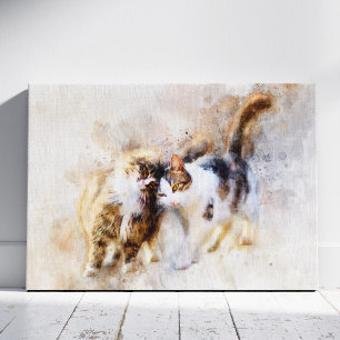 Toile Chats à l'aquarelle se câlinant dans l'art abstrai