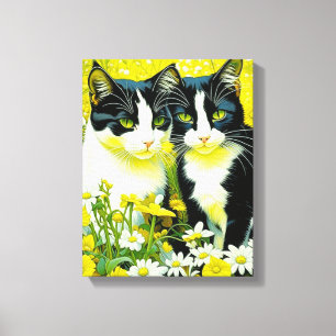 Toile Chats adorables assis dans un champ de marguerites