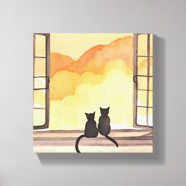Toile Chats dans la fenêtre | Silhouette de l'aquarelle  (Recto)