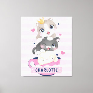 Toile Chats de dessin animé mignons empilés rayures rose