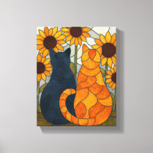 Toile Chats en vitrail et conception d'art de tournesols