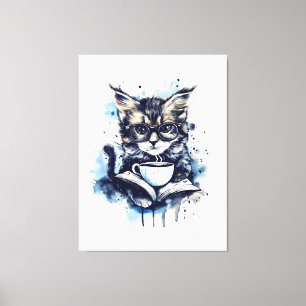 Toile Chats Livres Café Aquarelle Boho Abstrait