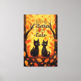 Toile Chats noirs dans la forêt d'automne avec des feuil