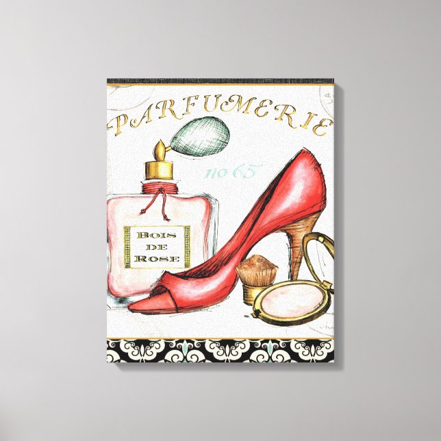 Toile Chaussure rouge, Bouteille de parfum et Poudre rou (Recto)