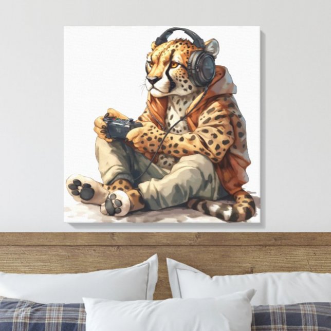 Toile Cheetah Jouer aux jeux vidéo Art pour enfant (Funny cheetah playing video games wearing headphones and hoodie kids canvas print for gamers)