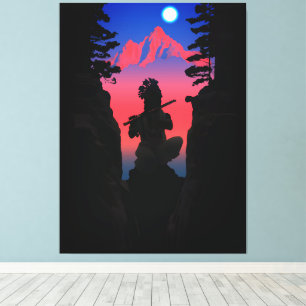 Toile Chef amérindien Flûte Clair de lune Montagne