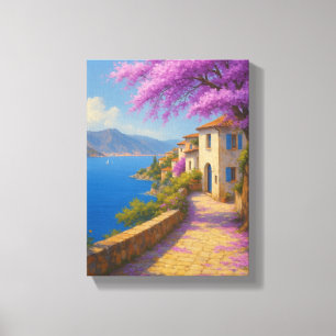 Toile Chemin côtier avec fleurs violettes et vue mer