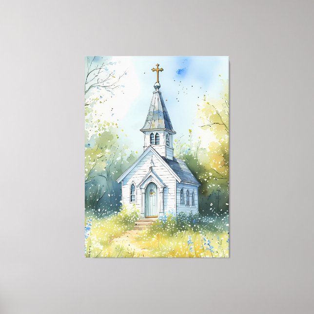 Toile Chemin rustique d'église dans une prairie de fleur (Recto)