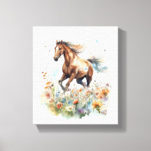 Cheval aquarelle traversant un champ