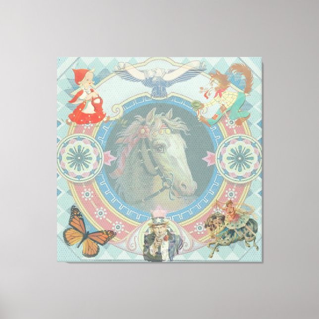 Toile Cheval blanc avec icônes de livre d'histoires de c (Recto)