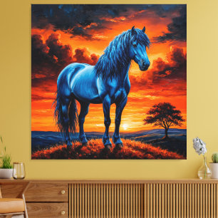 Toile Cheval bleu dans un tableau de paysage de coucher 