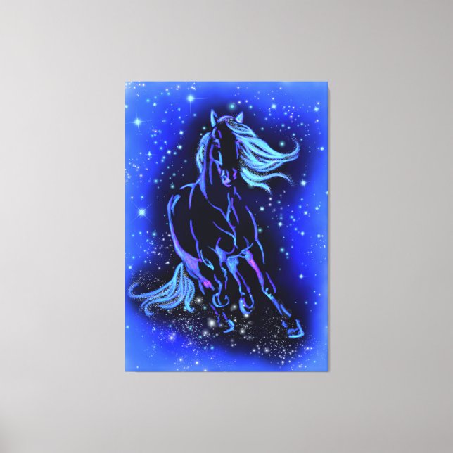 Toile Cheval Bleu Néon Couchant Au Lune Starry Night  (Recto)