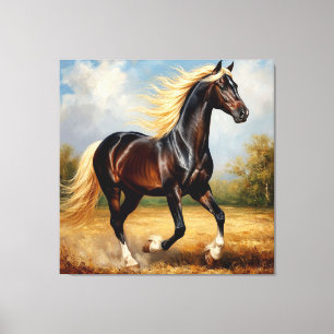 Toile Cheval Brun Galopant dans un Coucher de Soleil Pit