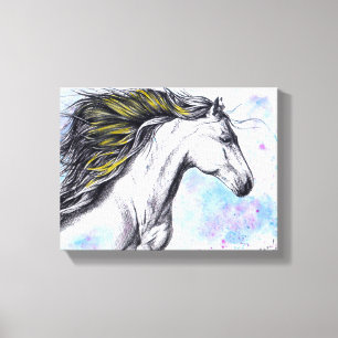 Toile Cheval courant aquarelle et encre art équin