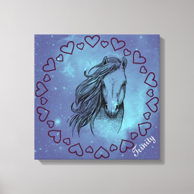 Toile Cheval et Coeurs Galaxy avec nom facultatif (Recto)