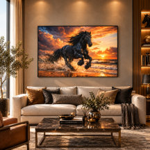 Cheval Frison Noir au Coucher du Soleil, Course Pu