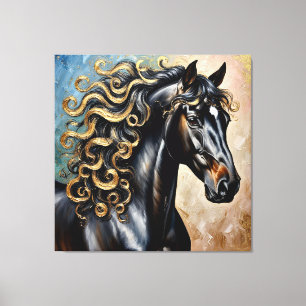 Toile Cheval noir aux reflets dorés