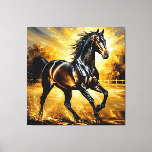 Toile Cheval noir courant à travers l'eau dans un couche