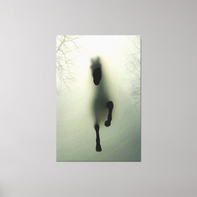 Toile Cheval noir courant dans la forêt brumeuse (Recto)